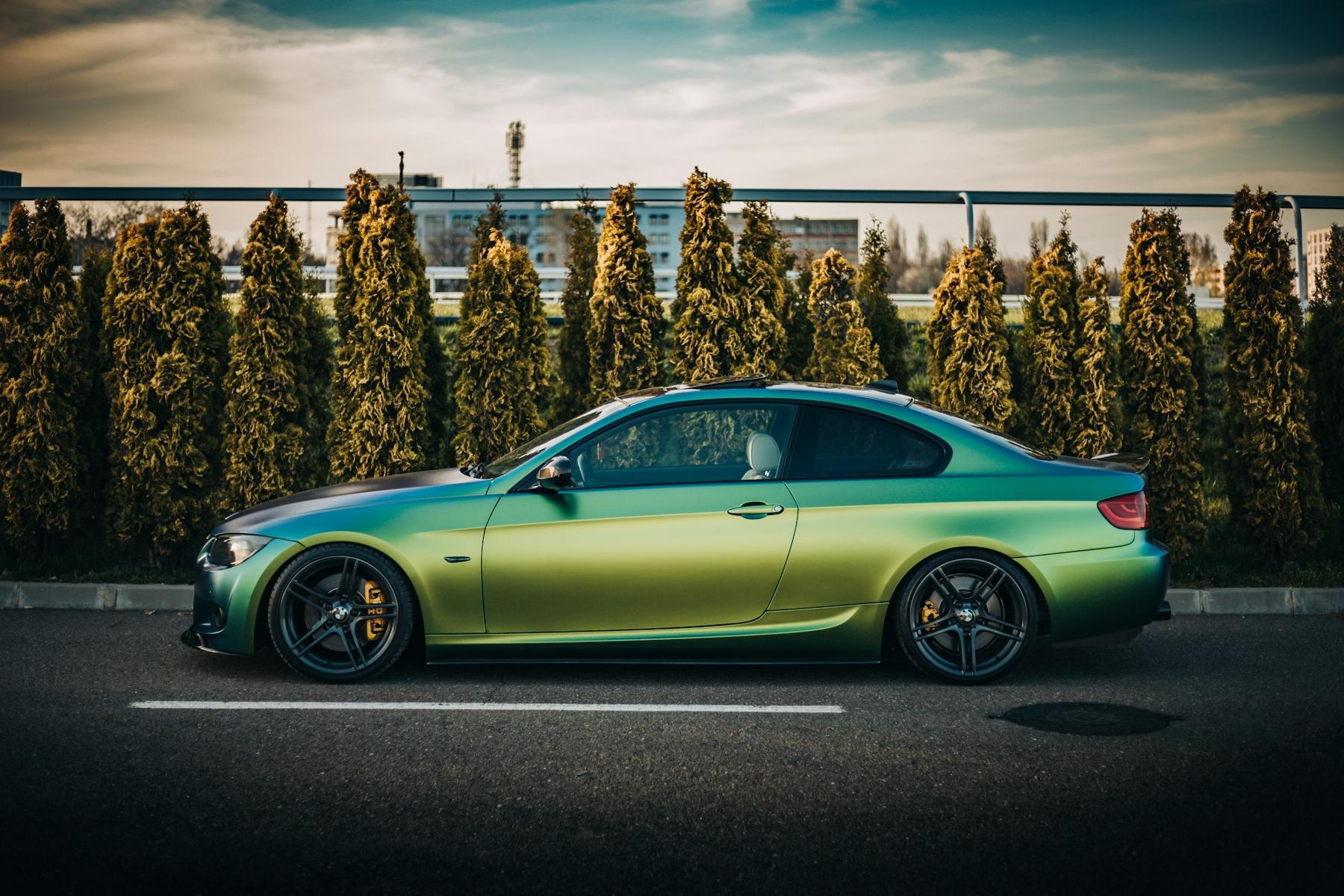 Matte color-shift green wrap on a BMW coupe